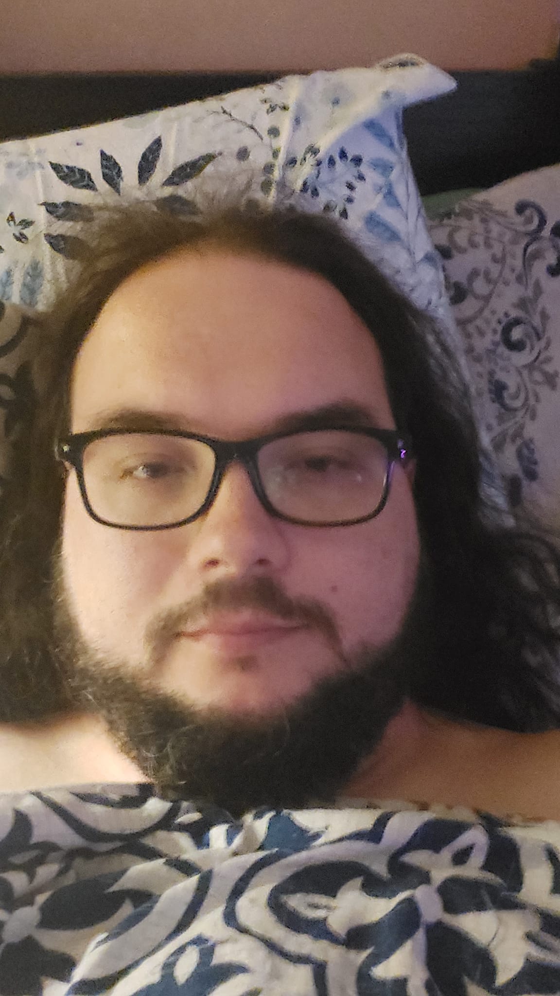 A man with long dark hair and a beard lies in bed